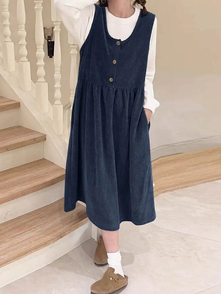 Women Corduroy Dress 2024 Autumn Solid Sleeveless Midi Dresses ZANZEA Casual Bu