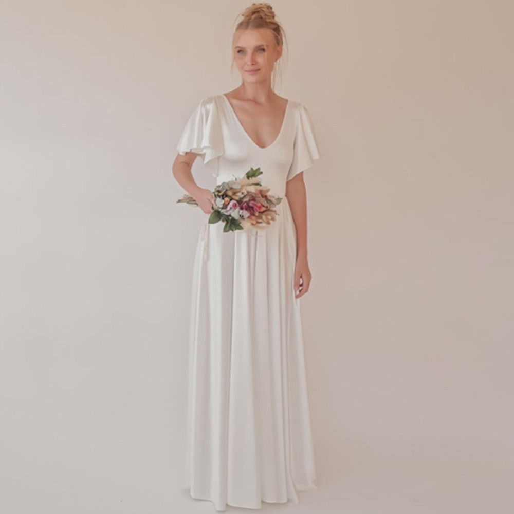 2024 Minimalist Satin Simple Ivory Wedding Dress Short Sleeves V Neck A Line Fl