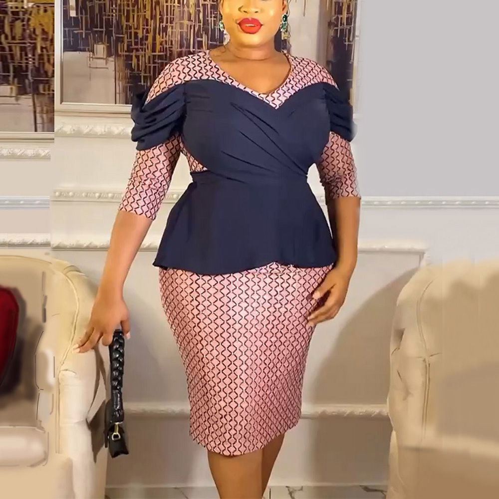 Dresses for Women 2024 Elegant African Lady V Neck Three Quarter Sleeve Printed