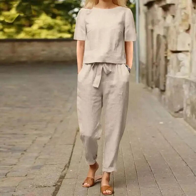 Thumbnail: Fashion Women's Cotton Hemp Summer Khaki Round Neck Short Sleeve Loose Top High