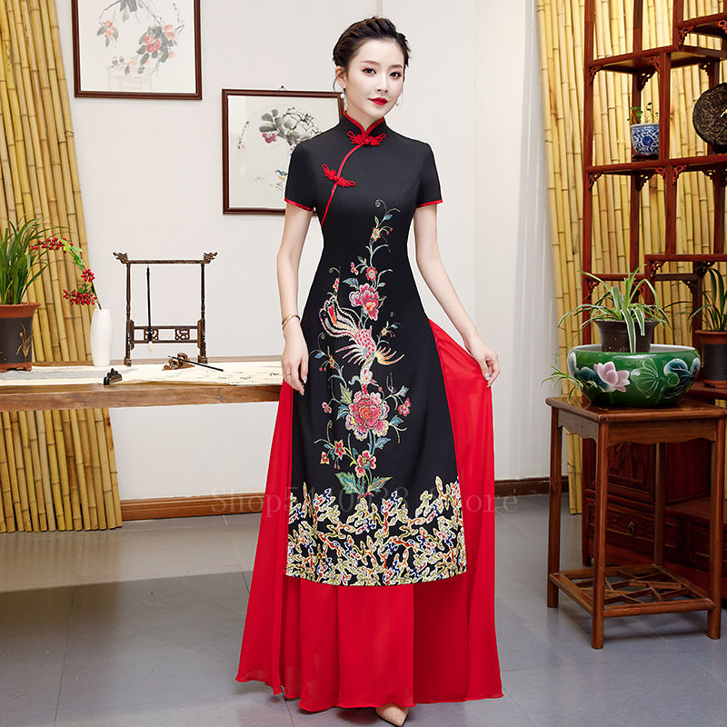 Thumbnail: Vietnam Woman Retro Ao Dai Elegant Phoenix Chinese Style Cheongsam Vintage Fest