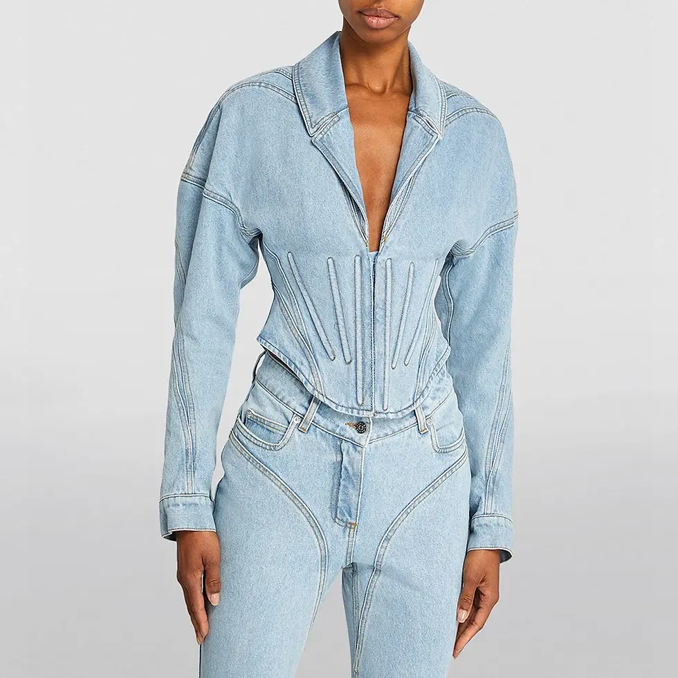 Miniaturebillede: Women's Long Sleeve Denim Jacket Fishbone Waist Cotton Vintage Washed Commuter