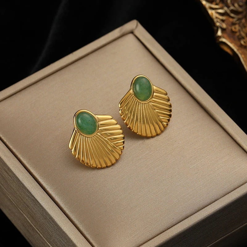 Thumbnail: EILIECK 316L Stainless Steel Gold Color Fan Geometric Bohemian Drop Hoop Earrin