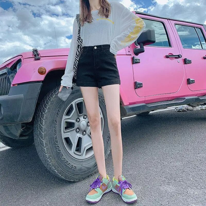 Thumbnail: Shorts Women Solid Simple White High Waist Trendy Denim Elegant Preppy Holiday