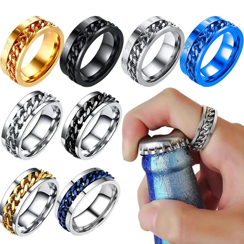Thumbnail: Titanium Steel Rotatable Chain Rings Men Women Stress Ring For Anxiety Couple J