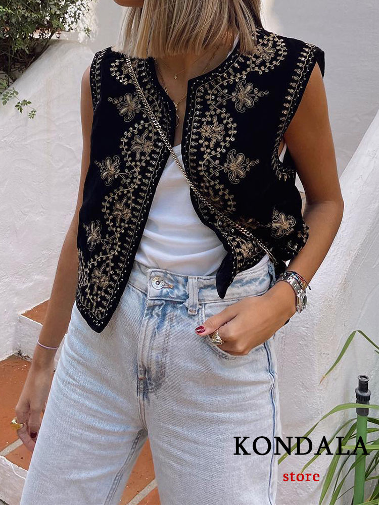 Thumbnail: KONDALA Vintage Autumn Velvet Embroidery Vest Jackets Women V Neck Sleeveless B
