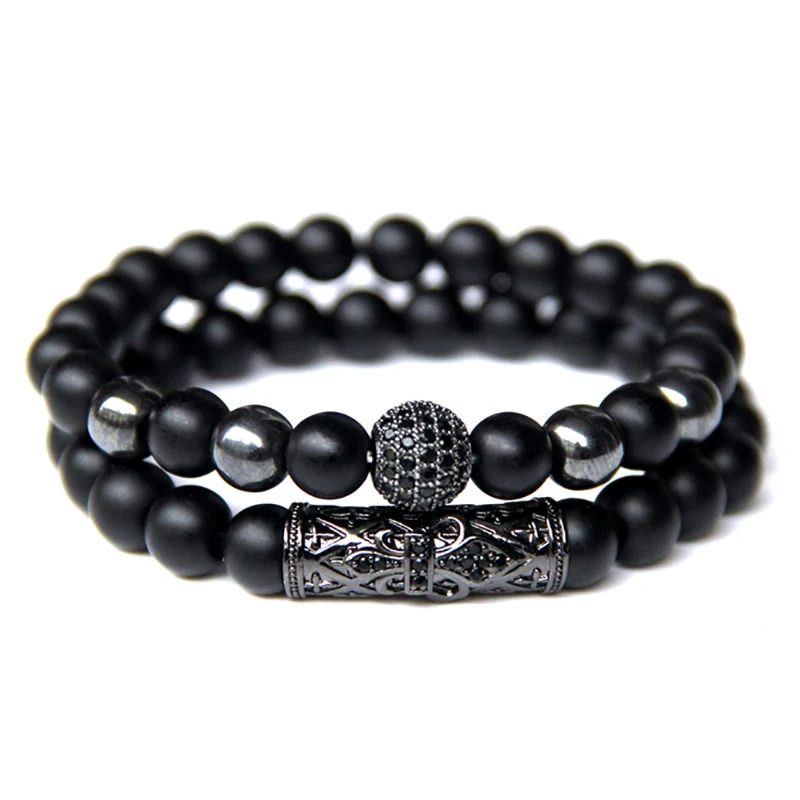 Thumbnail: GolbalJew 2pcs Bead Bracelet Men Natural Tiger Eye Hematite Obsidian Beaded Bra