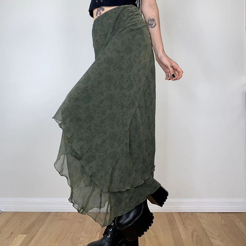 Thumbnail: Women Elegant Floral Print Midi Skirt Summer High Waist Irregular Hem Ruffled R