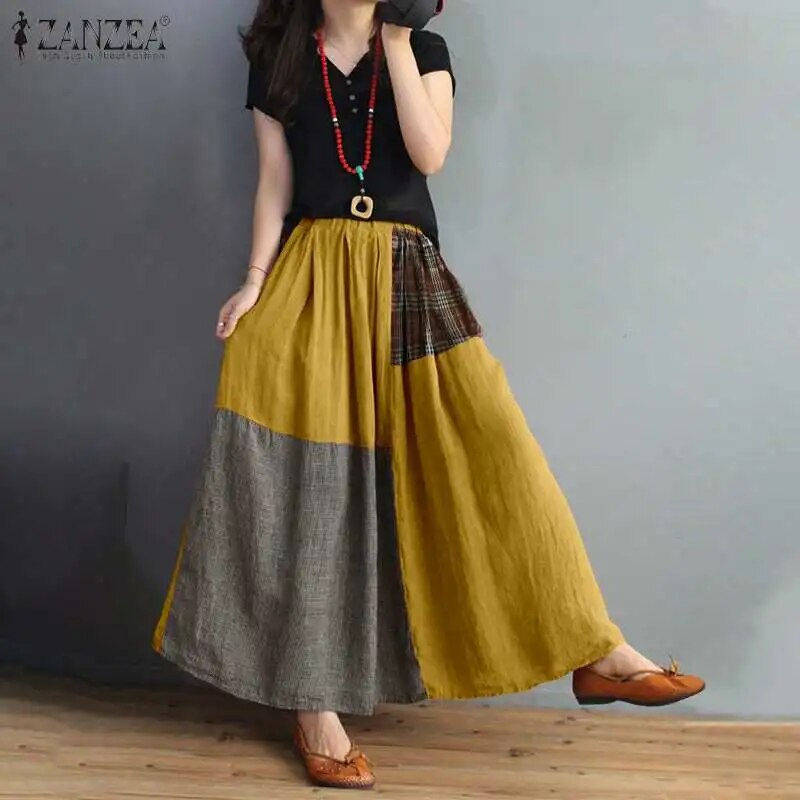 Thumbnail: ZANZEA Summer Pockets Elastic Waist Maxi Faldas Tunic Print Skirt Women Patchwo