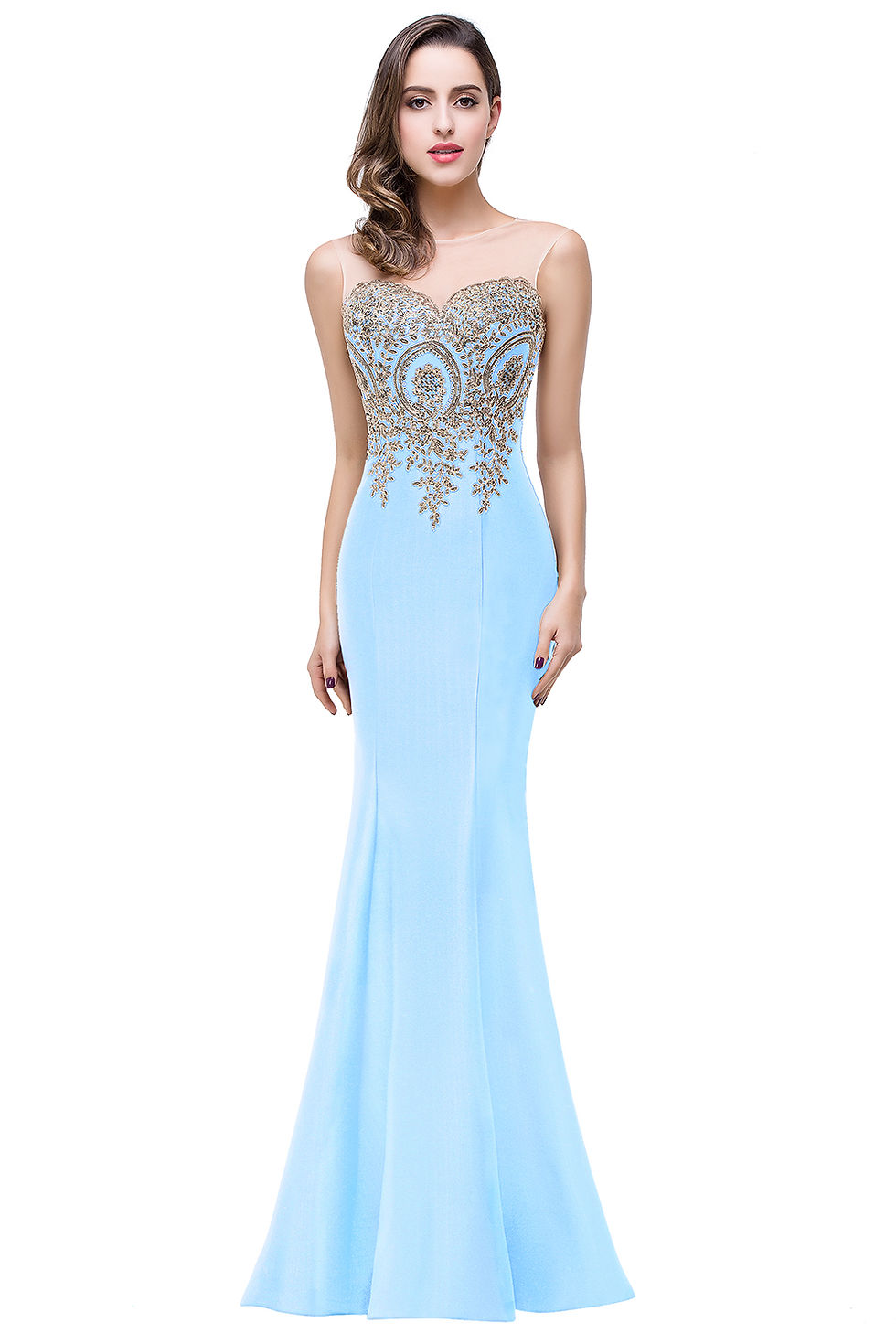 Thumbnail: Hot Sale 2024 Ivory Mermaid Wedding Dress Illusion Neck Applique Sleeveless Mar