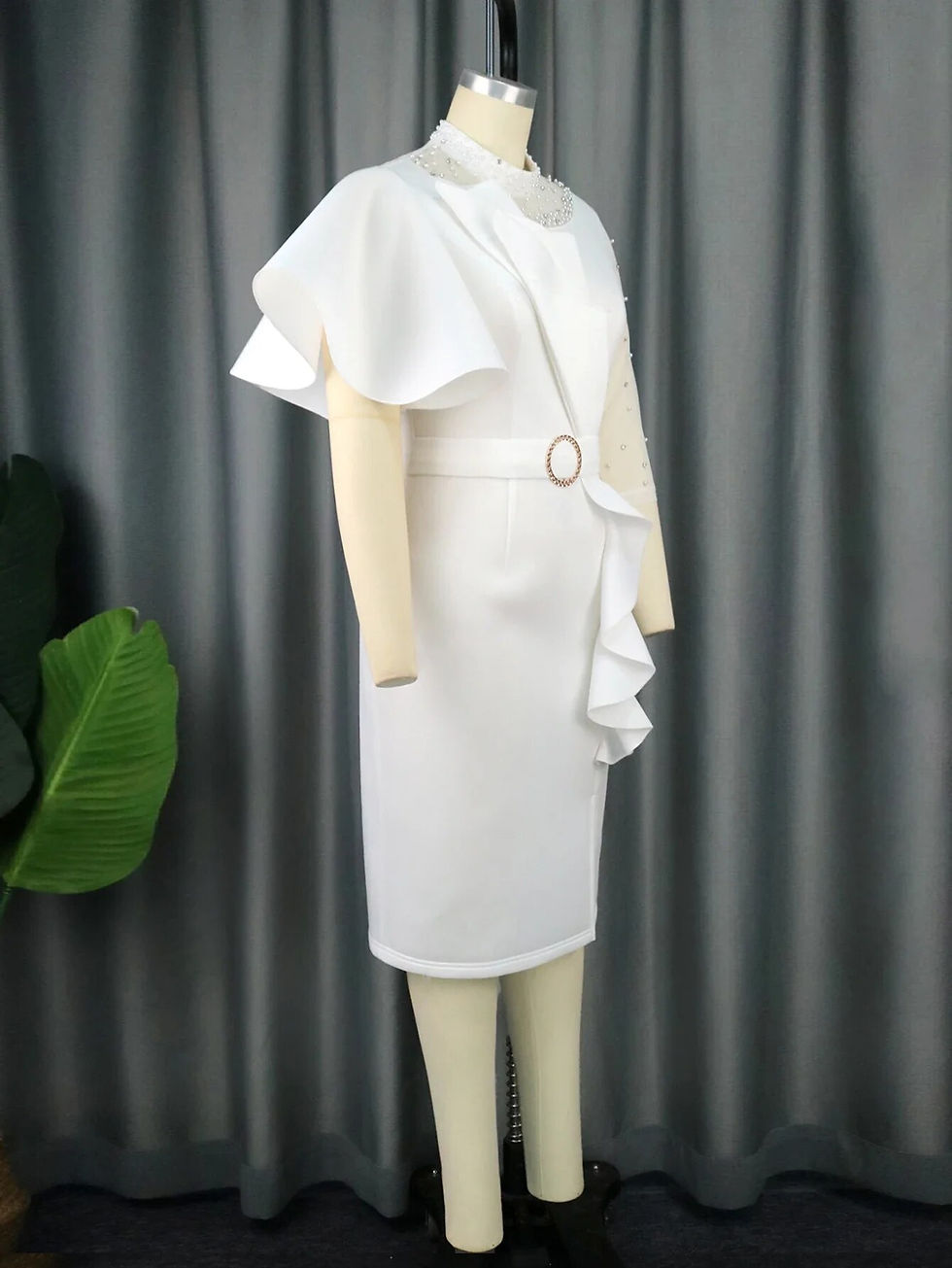 Thumbnail: Women White Party Dress Bodycon Cocktail Mesh Beading Irregular Sleeves Ruffles