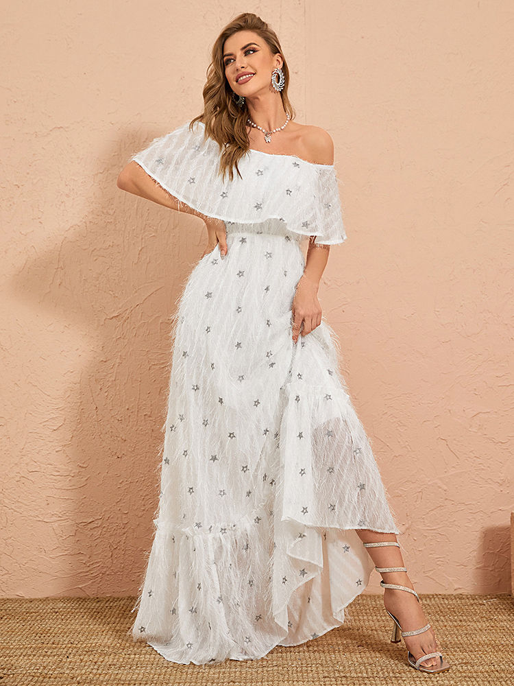 Thumbnail: TOLEEN Women Floor-Length Dresses Line neck Evening dress Elegant white lotus s