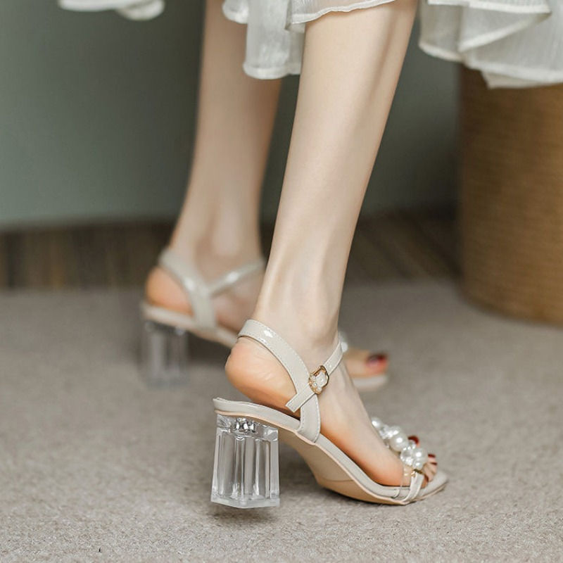 Thumbnail: 2024 women's summer new fashion pearl accessories open toe sandals simple solid