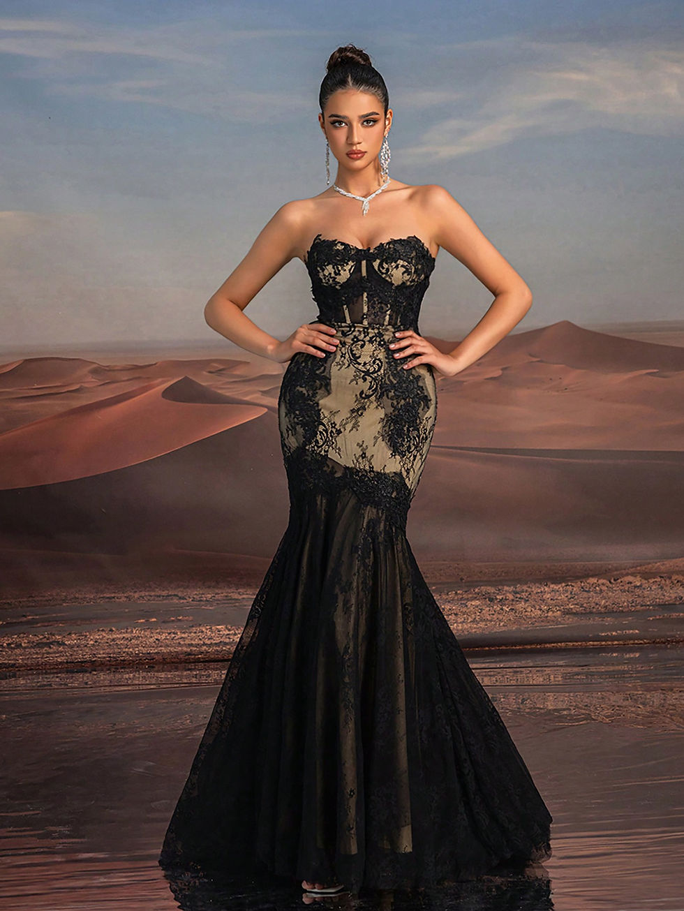 Thumbnail: Contrast Guipure Lace Mesh Wedding Dress