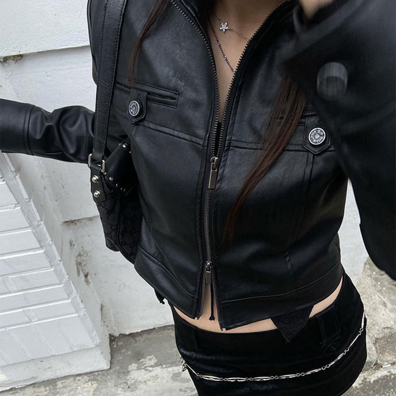 Miniaturebillede: Lygens Slim Leather Long Sleeve Zipper Metal Button Slim Jackets Coats 2023 New