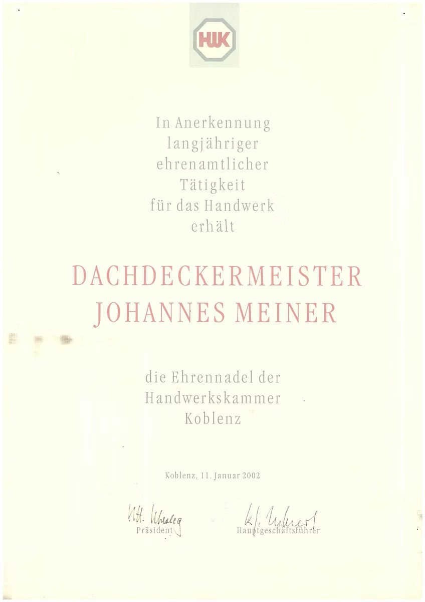 Urkunde der HWK Koblenz für Dachdeckermeister Johannes Meiner