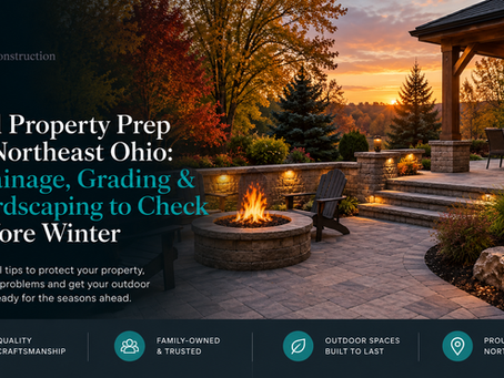 Fall hardscaping in Northeast Ohio featuring a paver patio, retaining wall, fire pit, and outdoor living space.