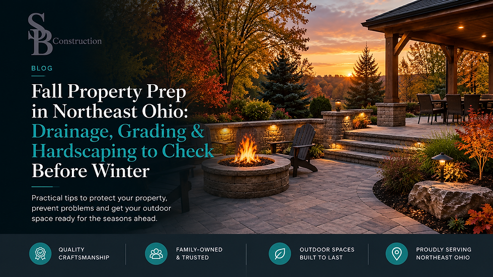 Fall hardscaping in Northeast Ohio featuring a paver patio, retaining wall, fire pit, and outdoor living space.