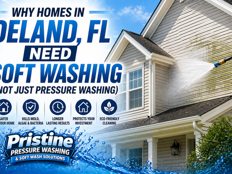 Soft washing home exterior in DeLand FL removing algae and buildup safely