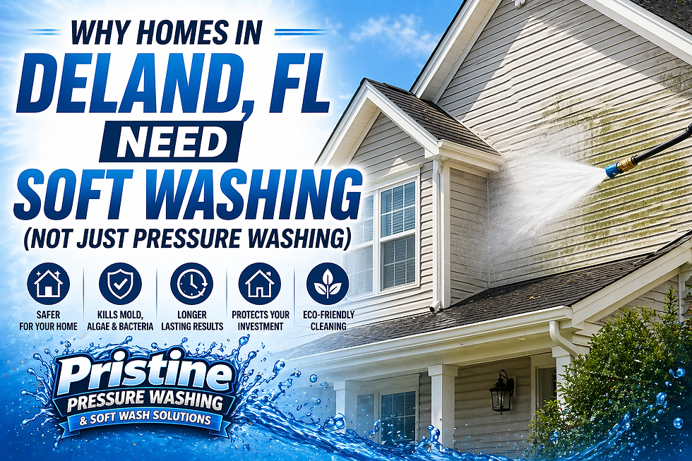 Soft washing home exterior in DeLand FL removing algae and buildup safely