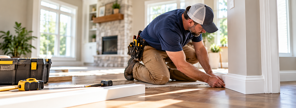 QuickTurn Property Pros performing interior baseboard and trim repairs as part of residential handyman and home maintenance services in Joplin, MO.