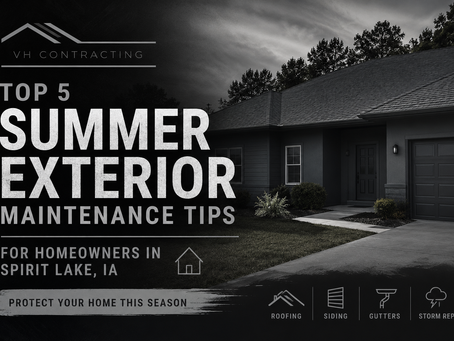 Summer exterior home maintenance guide by VH Contracting featuring roof, siding, gutters, and exterior inspections for homeowners in Spirit Lake, Iowa