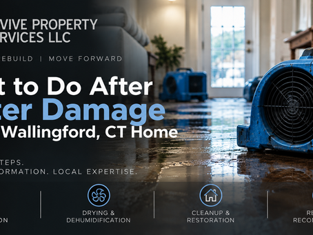 Water damage restoration equipment drying a flooded Wallingford, CT home for Revive Property Services LLC.