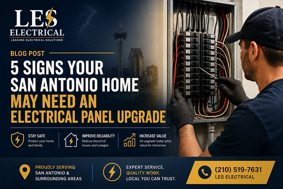 Electrician inspecting an electrical breaker panel in San Antonio, TX with LES Electrical branding for a blog about electrical panel upgrades.