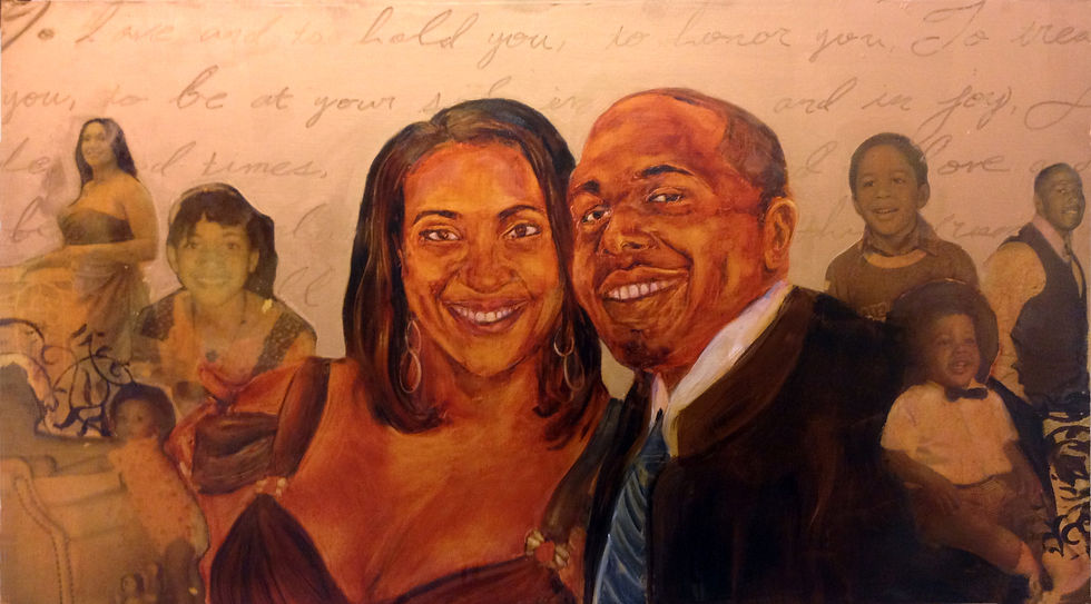 Mr. & Mrs. Jon Michael and Angela Chandler, Oil, Acrylic, Gold Leaf Powder and Xerox Transfer on Hardboard. Details: Wedding Vows ghost written in the background.