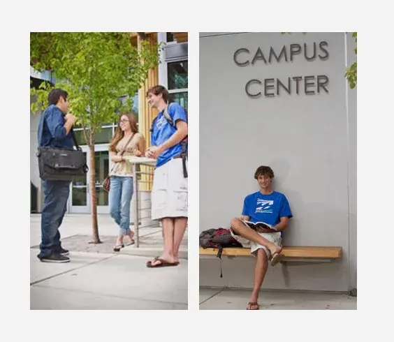 two blocks of students sitting standing and talking at COCC