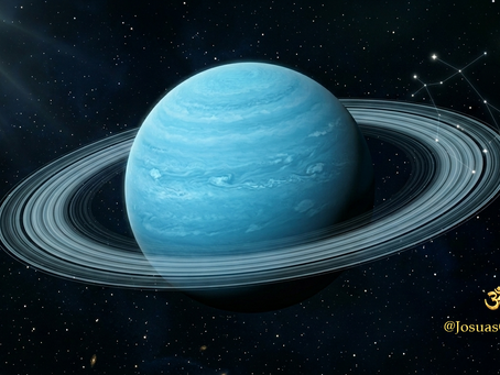 Darstellung des Planeten Uranus mit seinen markanten Ringen vor einem tiefschwarzen Sternenhimmel. Im Hintergrund ist das Sternbild Zwillinge als feine Linienverbindung sichtbar. Ein heller Lichtstrahl bricht von oben links ins Bild, während am unteren rechten Rand die Signatur @JosuasGarden mit einem goldenen Om-Symbol die spirituelle Bedeutung der kosmischen Wandlung unterstreicht.