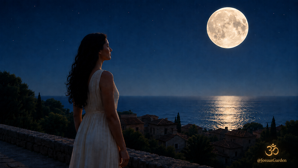 Frau im weißen Kleid blickt zum Vollmond über einem nächtlichen Küstendorf am Meer – eine stille Szene über innere Einkehr, Licht und geistige Herzensführung.