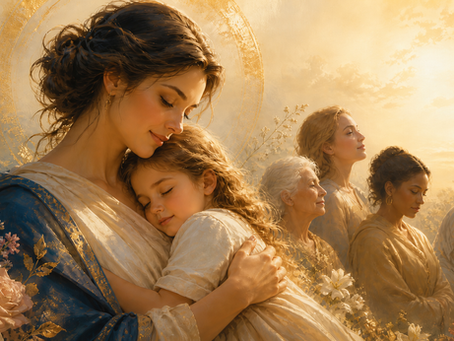 Muttertag Titelbild: liebevolle Mutter mit Kind im goldenen Licht, umgeben von Frauen verschiedener Generationen als Symbol für Mutterliebe, Herzensdank und die Würde der Frau.