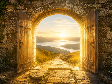 Geöffnetes altes Steinportal mit Holztüren und goldenem Licht, das den Blick auf einen ruhigen See, sanfte Hügel und eine weite, friedliche Landschaft freigibt.