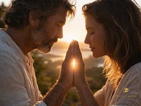 Ein Paar steht sich im warmen Licht des Sonnenuntergangs gegenüber, die Augen geschlossen, die Hände Handfläche an Handfläche, während goldenes Licht zwischen ihren Händen leuchtet und eine ruhige, innige Verbindung zeigt eine ruhige, liebevolle Verbindung und wahre Liebe im Alltag.