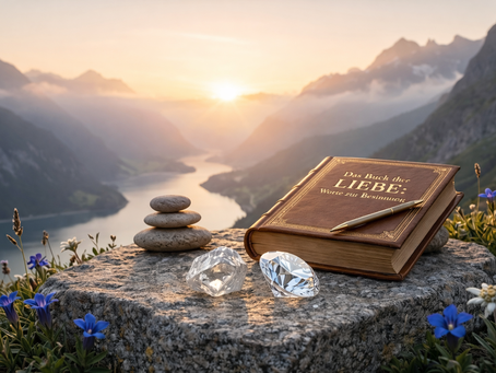 Buch mit dem Titel „Das Buch der LIEBE – Worte zur Besinnung“ auf einem Felsen in alpiner Berglandschaft bei Sonnenaufgang, daneben gestapelte Steine, ein Stift und zwei Kristalle, im Hintergrund ein Flusstal zwischen Bergen.