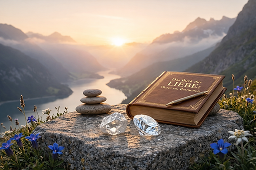 Buch mit dem Titel „Das Buch der LIEBE – Worte zur Besinnung“ auf einem Felsen in alpiner Berglandschaft bei Sonnenaufgang, daneben gestapelte Steine, ein Stift und zwei Kristalle, im Hintergrund ein Flusstal zwischen Bergen.