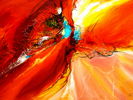 Abstraktes Ölgemälde in leuchtendem Rot, Orange und Gold mit türkisfarbenen Akzenten; kraftvolle Linien und Lichtflächen strömen aus einer zentralen Öffnung.
