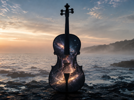 Mystisches Cello mit leuchtenden Galaxien im Inneren steht auf dunklen Felsen am Meer, während die Sonne über dem Horizont aufgeht.