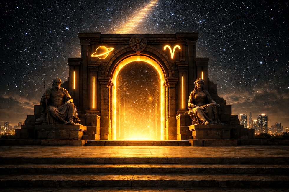 Mystisches monumentales Steintor in einer modernen spirituellen Szenerie bei Nacht. Ein großer dunkler Steinbogen mit warmem goldenem Licht im Inneren steht erhöht über einer kurzen Treppe. Über dem Tor leuchten die astrologischen Symbole von Saturn und Widder. Zwei große steinerne Wächterstatuen sitzen links und rechts des Eingangs. Feine vertikale Lichtlinien sind in die Säulen eingelassen. Über dem Bauwerk steigt eine leuchtende himmlische Treppe diagonal in den sternklaren Himmel. Im Hintergrund ist eine moderne Stadt-Silhouette zu sehen. Cinematische Beleuchtung mit goldenen Highlights, tiefen Schatten und monumentaler, symmetrischer Architektur.