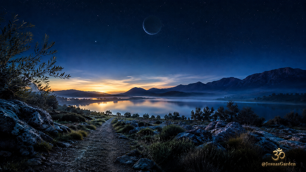 Fotorealistisches Titelbild zum Neumond am 16.05.2026 mit stillem See, Sternenhimmel, dunklem Neumond, goldenem Morgenlicht und dem Om-Symbol von JosuasGarden – Sinnbild für Aufbruch, Befreiung und das Aufleuchten des Kommenden im Licht der EWIGEN LIEBE.