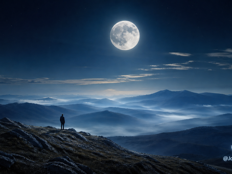 Vollmond Nacht Landschaft mit Nebel und Bergen, Mensch Silhouette im Mondlicht, spirituelles Erwachen, Transformation, innere Wahrhaftigkeit, Bewusstsein, ruhige meditative Stimmung, Om Symbol und @JosuasGarden