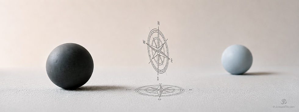 Minimalistisches Stillleben mit schwarzer und hellblauer Kugel, feiner Kompassrose und dezenter JosuasGarden-Signatur als Sinnbild für Erschöpfung als Weckruf und innere Rückkehr.