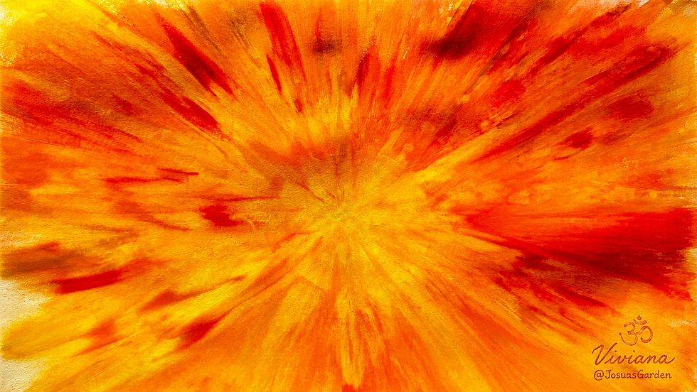 Abstraktes Ölgemälde in Gold, Orange und Rot mit dynamischer Lichtenergie und kräftiger Struktur. Moderne spirituelle Kunst von Viviana (@JosuasGarden).