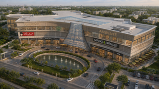 Commercial mall interior architecture in Noida with multi-level retail atrium and skylight