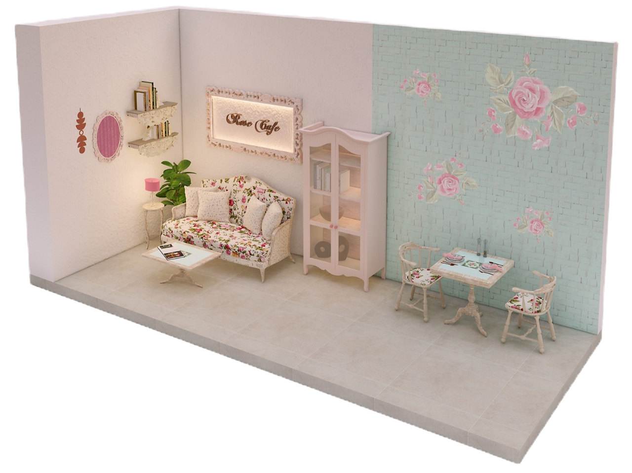 Rose Café interior design graphic illustrating the pastel colour palette, floral motifs, vintage detailing, and European-inspired aesthetic
