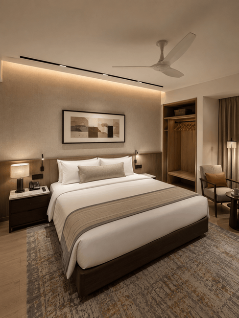 Mountain-inspired boutique hotel room designed by Acroterion Labs for Legend Inn, East of Kailash, New Delhi.