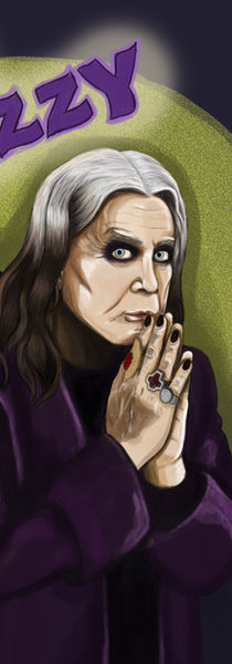 This is a portrait of Ozzy Osbourne. His hands are clasped together in a prayer like pose, and he has purple bat wings on his back. It says 'RIP OZZY' above his head