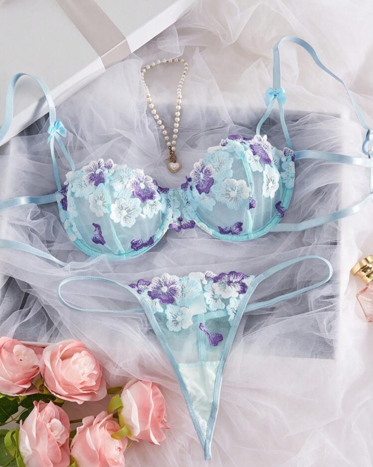 İthal mavi güpürlü tül bralet takım