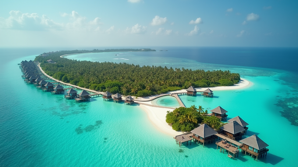 Vista aerea di un resort di lusso alle Maldive con bungalow sull’acqua